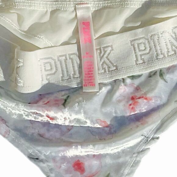 VS Pink Low Rise Velvet Thong - Cream Floral (M) - Picture 4 of 6